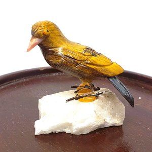 Carved Stone Bird Figurine Tigers Eye on Quartz Mineral Rock Miniature Made Peru